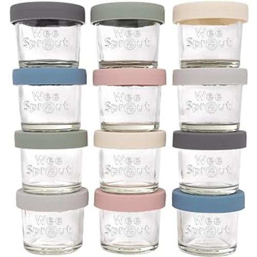 WeeSprout Reusable Glass Baby Food Jars - Microwave & Freezer Safe With Lids - 12 Pack of 4 oz Storage Containers for Snacks, Breast Milk