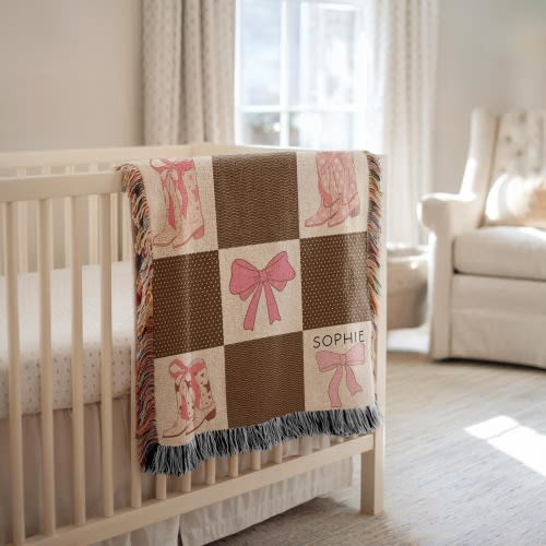Personalized Cowgirl Blanket Cowgirl Baby Shower Gift Western Girl Blanket with Bow Nursery Decor Coquetteaesthetic Girl Name Woven Blanket