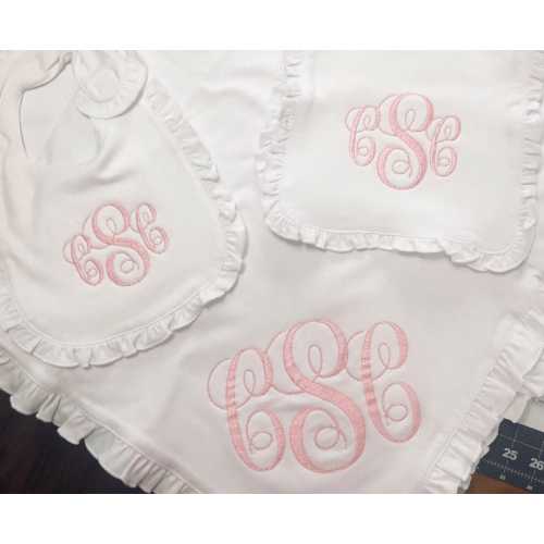 Personalized Monogram Baby Girl Ruffled Bib Burp Cloth Blanket Set,Newborn Shower Gift