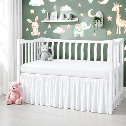 Crib Bed Skirt Dust Ruffle with Split Corners Cotton, 14" Drop, White