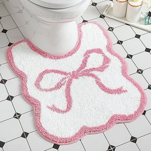 Pink Bow Toilet Rug U-Shaped Luxury Scalloped Bathroom Rug Non Slip Cute Microfiber Soft Plush Toilet Floor Mats Pastel Bathroom Decor Coquette Stuff for Toilet Base, 24 x 20 Inches