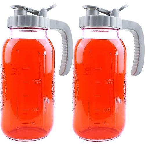 64 Oz Mason Jar Pitcher With Lid 2 Set Wide Mouth Half Gallon Glass Pitchers 2 Quart Cold Boiling Water Jug For Coffee,Lemonade, Iced Tea,Homemade Drinks,Milk,Juice Storage Container For Refrigerator