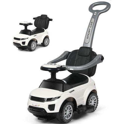 Costzon 3 in 1 Ride on Push Car, Stroller Sliding Walking Car with Horn, Music, Light, Under Seat Storage, Parental Handle, Armrest Guardrails, Ride on Toy for Boys & Girls (White)