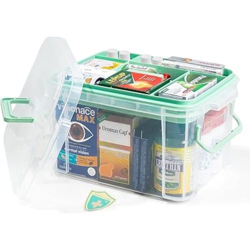 15qt Clear Medicine Organizer Storage Box with Tray, Plastic First Aid Box Empty, Thickened Medicine Container Chest, Multipurpose Medical Case with Labels, Medicine Caddy with Lids Handles