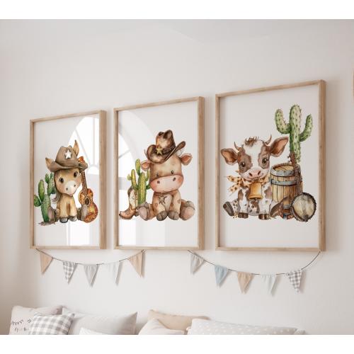 Set of 3 Cowboy Horse Prints, Cow Wall Art Set, Farm Posters, Modern Art, Bull Kids Bedroom Decor, Boy Nursery Decor, Playroom Prints
