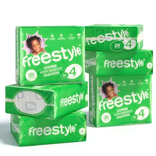 Freestyle Diapers – (Size 4) Hyper Absorbent & Non-Toxic – Disposable Diapers for Sensitive Skin – Ultra Soft Diapers (22-37 lbs) – 144 Count