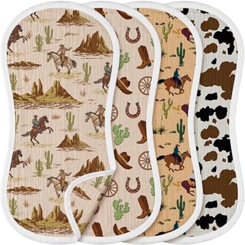 4 Pcs Western Muslin Baby Burp Cloths 100% Cotton Cowboy Burping Rags
