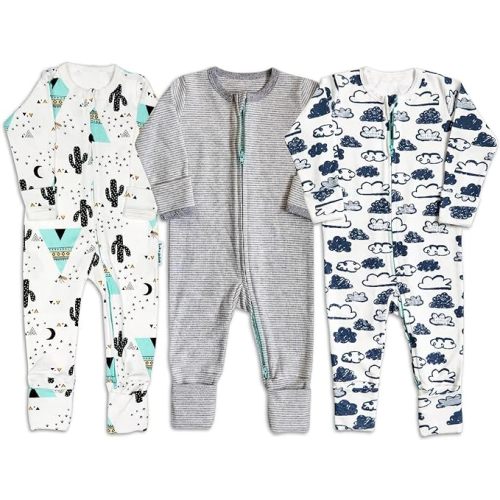 6-12 Months Two-Way Zip Baby Sleep and Play, Footless with Fold Over Foot Covers, 100% Cotton, Unisex Onesie Romper for Boys and Girls - 6-12 Months - Trio Pack Blues