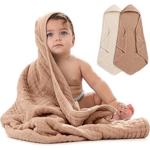 Comfy Cubs Hooded Baby Towels 2-Pack, Large 32 x 32 Inch - 6 Layer, 100% Muslin Cotton Hooded Towels for Baby, Toddlers and Kids - Ultra Soft, Warm and Absorbent, Cedar and Sand Unisex Baby Bath Towel