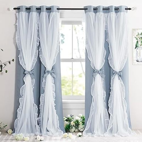 PONY DANCE Ruffle Curtains Double Layers Sheer Overlay Elegant Decoration for French Country Rustic Design Window Covering with Tiebacks, 52" Wide x 84" Long, Pigeon Blue, 2 Panels