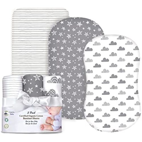 100% Organic Cotton Fitted Bassinet Sheets Fits Halo, Snoo, Graco, Dream on Me, Delta, and All Other Standard Size Bassinets. 3 Pk Adapts to Oval, Hourglass & Rectangle Shaped Bassinet Pads.
