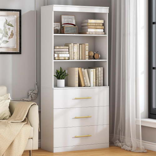 Winkalon 71" H White Bookshelf with Drawers, Bookshelf and Bookcase with 3-Tier Open Shelves, Tall Bookcase Tall Storage Cabinet for Home Office