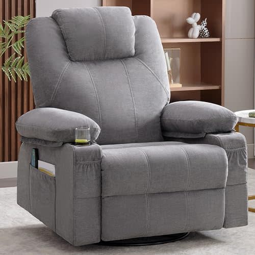 Weture Oversized Swivel Rocker Recliner Chair with Heat and Massage, 360 Degree Swivel Rocking Single Sofa with Cup Holders and USB Port, Big Large Recliner Chair for Living Room (Fabric, Grey)