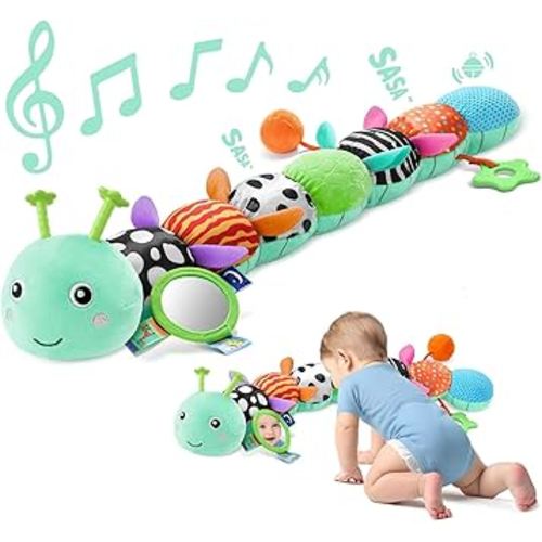 Sumobaby Baby Toys 0-6 6-12 Months, Music Caterpillar Plush Toy with Baby Mirror, Pull String&Crinkle Rattle,Infant Teething Toys,Tummy Time for 0-3-6-12 Month Boys Girls Newborn Gifts (Blue-Leaf)