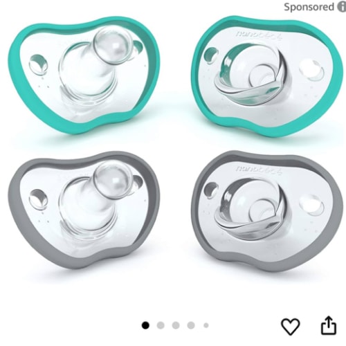 Nanobebe Baby Pacifiers 0-3 Month - Orthodontic, Curves Comfortably with Face Contour, Award Winning for Breastfeeding Babies, 100% Silicone, Baby Registry Gift 4pk,Teal/Grey