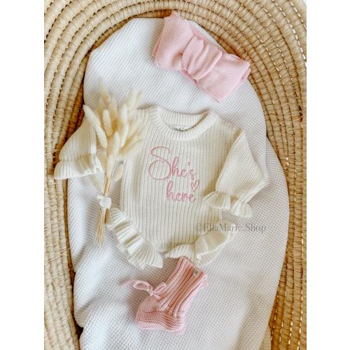 Newborn baby girl coming home outfit, she’s here embroidered, knit ribbed ruffle romper custom, gender reveal announcement, it’s a girl