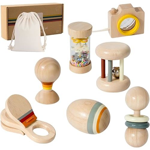 7 PCS Wooden Baby Toys Set - Organic Infant Rattles Newborns 0-6 Month & Montessori-Inspired Musical Instruments for 0-12 Month - Natural Toddler Developmental Toys