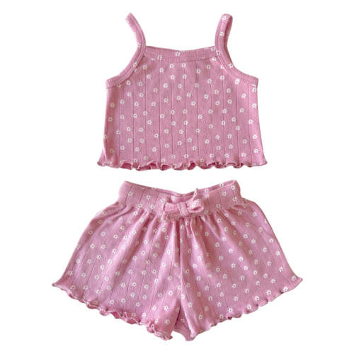 Pink Flower / Organic Pointelle Summer Set (3-6 months)