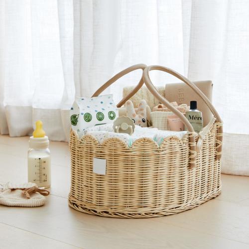 Baby Diaper Caddy Organizer Natural- Artisan-Crafted Scalloped Rattan Basket - Luxurious  Diaper Caddy Basket - Elegant Scallop Basket