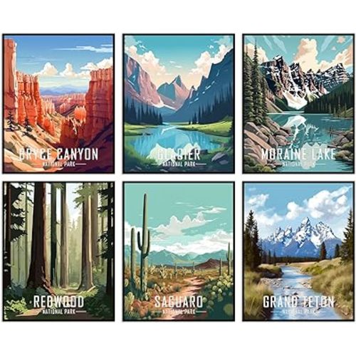 Vintage National Park Posters National Park Art Prints Set of 6 Unframed (8''x10'') Nature Wall Art and Mountain Print Travel Wall Art Living Room Bedroom Bathroom Decor (National Park A)