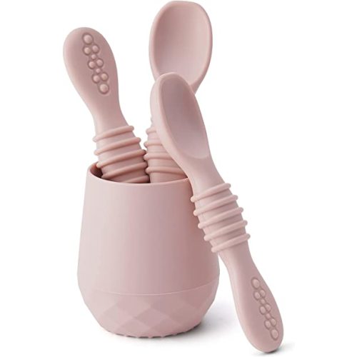 SAMiGO Silicone Baby Utensils - Self Feeding Spoons and Tiny Training Cup - First Stage Baby Led Weaning Supplies for 6 Months+ Infants - Set of 4