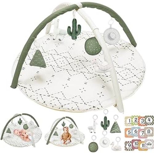 Tummy Time Mat with 6 Toys, Macrame Baby Play Mat for Newborn, Baby Gym with 12 Milestone Cards, Stage-Based Sensory and Motor Skill Development Baby Play Gym, Non Slip Mat Washable, Green