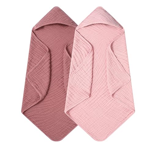Muslin Hooded Baby Towels Baby Bath Towel with 100%, 32x32 Inch Cotton Super Soft Super Absorbent, Suitable for Newborn Care and Young Children Up to 3 Years Old（Light Pink & Dark Pink）