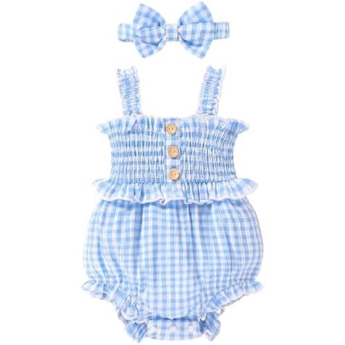 Tiny Cutey Baby Girl Romper Denim/Plaid/Stripe Newborn Infant Sleeveless Jumpsuit 0-3M/3-6M/6-12M/12-18M With Headband