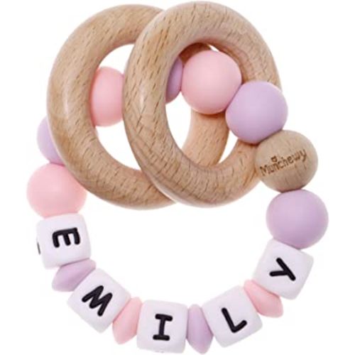 Munchewy Personalized Name Baby Rattle Teether Ring, Customizable Silicone Chew Bracelet with Natural Organic Beech Wood Teething Rings for Baby Boys and Girls Teether Toys-Light Pink/Light Purple