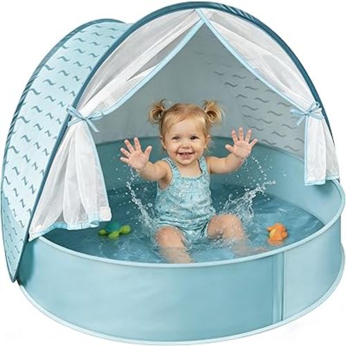 Baby Beach Tent with Pool, 3-in-1 Upgrade Pop Up UPF 50+ Sun Protection Shelter with Mosquito Net Babies Toddlers Portable Outdoor Summer Essentials for Beach, Backyard, Indoor- Blue Wave