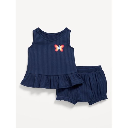 Sleeveless Ribbed Ruffle-Trim Top and Shorts Set for Baby