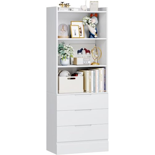 Hasuit Tall Bookshelf with Drawers Bookcase with 3 Drawers and 3-Tier Open Shelves Tall White bookshelf with Anti-Tipping Kits Wood bookshelf with Storage for Study Living Room Kitchen Bathroom, White
