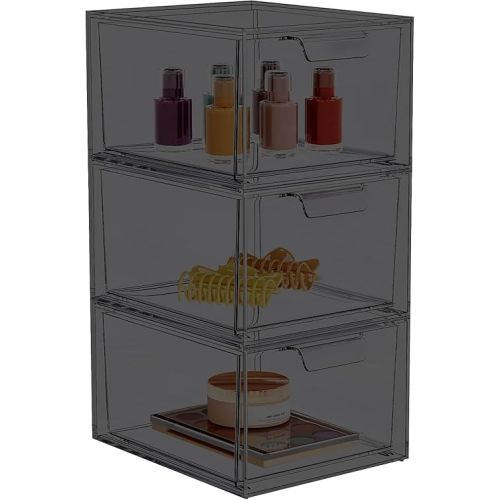 3 Pack Stackable Makeup Organizer and Storage, Acrylic Organizers,Clear Plastic Storage Drawer with Pull-Out Handles for Vanity, Undersink, Kitchen Cabinets, Pantry, Black