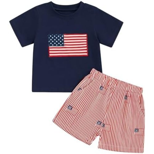 4th Of July Toddler Baby Boy Outfit American Flag T Shirt Top Shorts 2Pcs Set Kids Boys Summer Patriotic Clothes