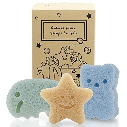 myHomeBody Konjac Baby Sponge for Bathing, Cute Shapes Natural Kids Bath Sponges for Infants, Toddler Bath Time, Natural and Safe Plant-Based Konjac Baby Bath Toys, 3pc. Set: Elephant, Bear & Star