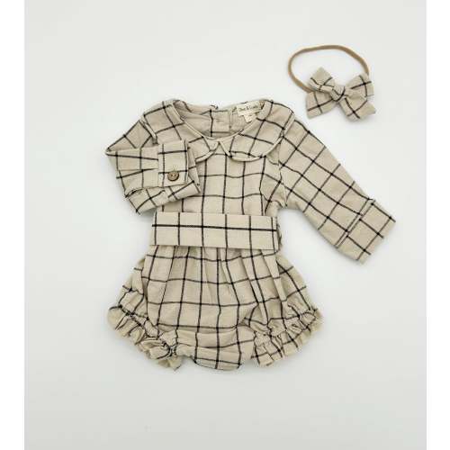 Plaid Cotton Romper + Bow: 0-3M