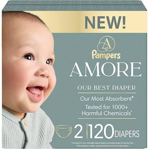 Pampers Amore, Size 2 (10-22 lbs), 120 Count, Our Best Diaper – Hypoallergenic & Fragrance Free, Up to 100% Leakproof, Soft as Cashmere