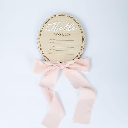 Baby Announcement Sign 6.5 Inch Wooden Hello World Newborn Welcome Sign Birth Baby Name Plaques for Photo Props Baby Shower Hospital Nursery (BOW CUT)