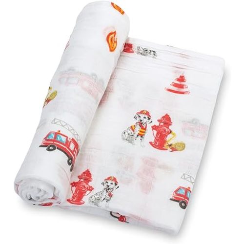 LollyBanks Muslin Swaddle Blanket, 100% Muslin Cotton Swaddle Blankets for Baby Boys, 47 X 47 Inches Soft and Cozy Swaddle for Newborn Baby, Baby Essential, Registry (Fireman Dalmation Dog Print)
