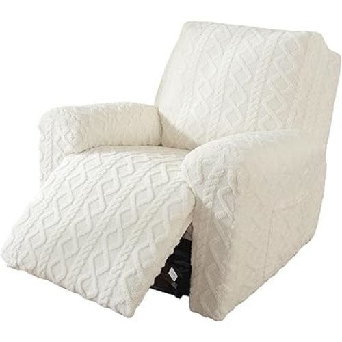 vctops 4 Pieces Geometric Jacquard Plush Recliner Slipcovers Soft Fuzzy Fluffy Sofa Couch Cover Anti-Slip Furniture Protector with Elastic Bottom for Kids Cats Dogs(Cream,1 Seat)