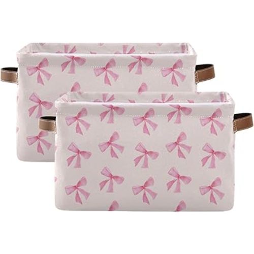 xigua Pink Bow Foldable Storage Basket for Shelves, Collapsible Sturdy Storage Bin with Handles, Canvas Storage Cube for Organizing Closet 2PCS