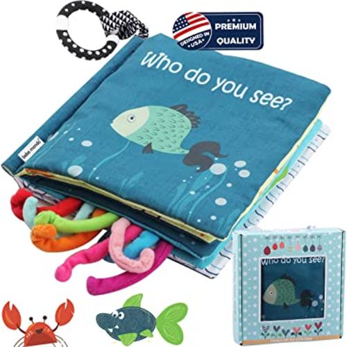 Soft Baby Book Crinkle Cloth Books, Baby Toy Octopus Plush Shark Tails Baby Gifts Books for Babies Toddlers Infants Kids Boys Girls, Soft Activity Early Education Toys,Teething Toys Teether Ring, Fish