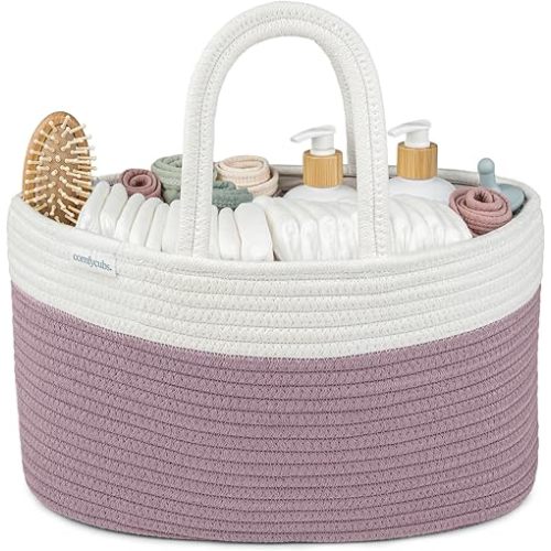 Comfy Cubs Rope Diaper Caddy Organizer 8.5" x 15" x 8" - Large Baby Diaper Basket with 3 Spacious Compartments - Stylish Cotton Baby Caddy Organizer for Diapers, Wipes & Essentials - Mauve