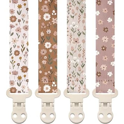 Stadela Baby Pacifier Clip Holder - Girl or Boy Unisex 4 Pack Gift Set – Boho Modern Neutral Floral Beige Yellow Brown Colors (Flora)