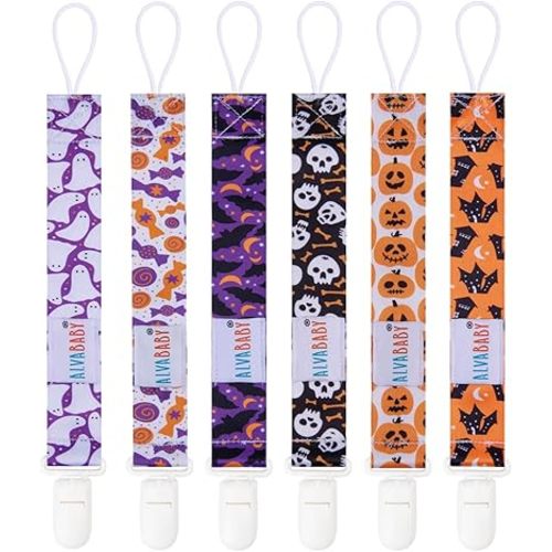 ALVABABY Baby Pacifier Clips for Boys Girls Halloween Pacifier Universal Holder Leash Pacifier Clip Binky Holder for Teether Toys Soothie 6 Pack 6DBP05-1