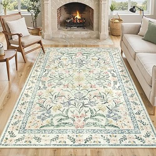 Lahome Boho Beige Rugs for Living Room 6x9, Washable Kids Rugs for Bedroom Girls, Farmhouse Soft Baby Carpet for Nursery, Non-Slip Carpet for Dining Room Playroom, Beige