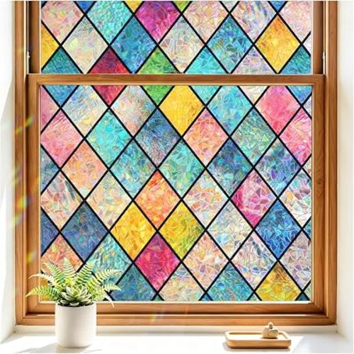 Haton Stained Glass Window Film, Rainbow Lattice Stickers, 23.6" x 78.7"