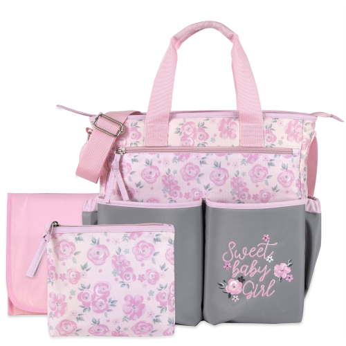 Baby Essentials 3-Piece Crossbody Diaper Bag Tote with Changing Pad & Pacifier Pouch, Pink & Gray Floral