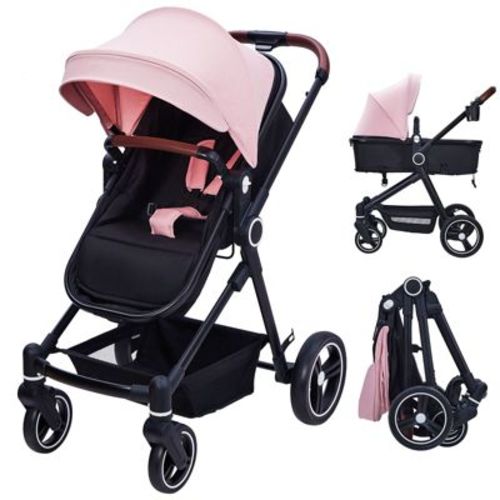 Acekool 2-in-1 Pushchair Reversible Infant Seat & Bassinet with One-Hand Fold, Recliner & Extra-Large Canopy – Pink