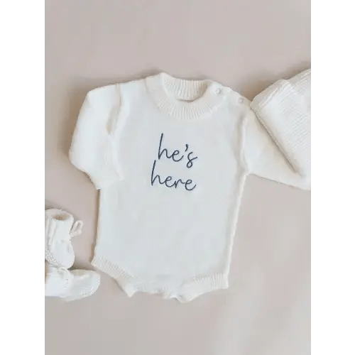 He's Here Knit Romper - Cloud